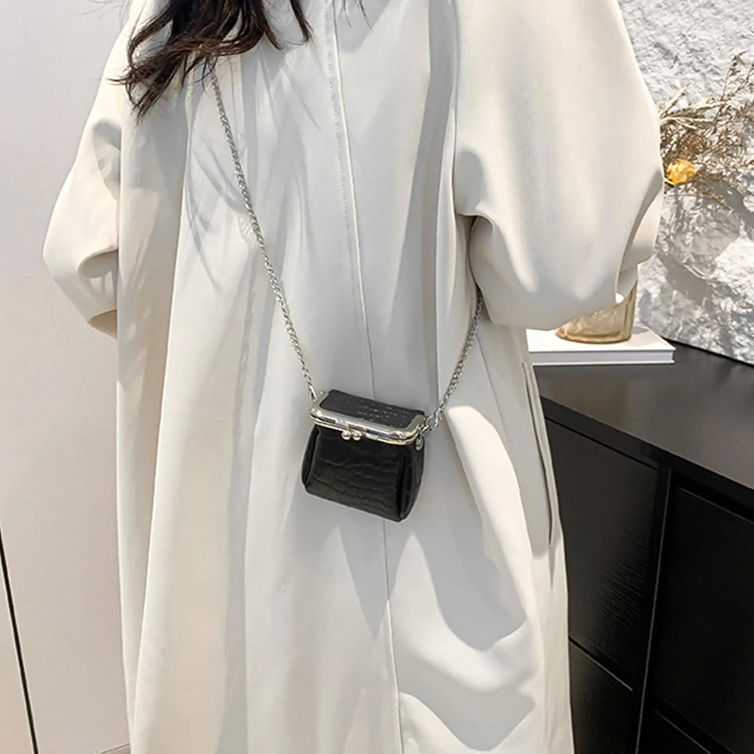 Mini Purse,Chain Gothic Tiny Bag, Micro Coin Wallet for Women,Kiss Lock Leather Crossbody Bag
