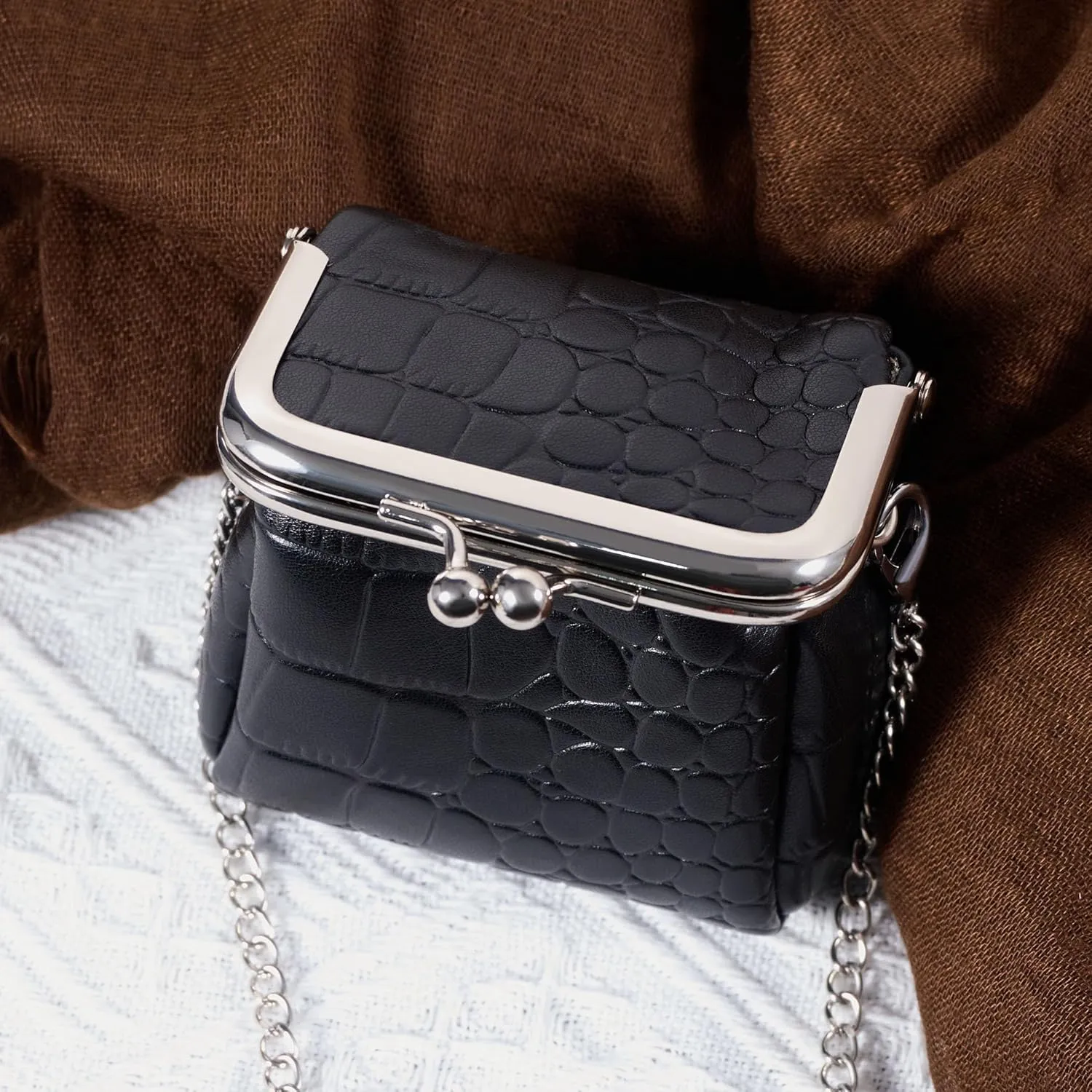 Mini Purse,Chain Gothic Tiny Bag, Micro Coin Wallet for Women,Kiss Lock Leather Crossbody Bag