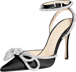 MIRAAZZURRA Rhinestone Bow Heel Sandals Double Bow Crystal Satin Point Toe Stiletto High Heels with Ankle Strap for Bridal Wedding Party