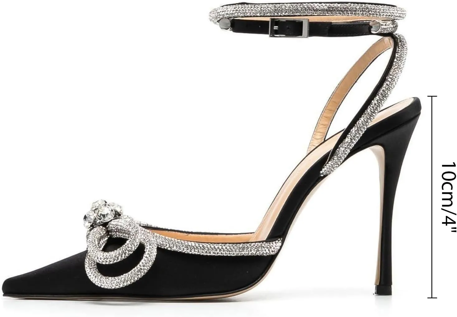 MIRAAZZURRA Rhinestone Bow Heel Sandals Double Bow Crystal Satin Point Toe Stiletto High Heels with Ankle Strap for Bridal Wedding Party