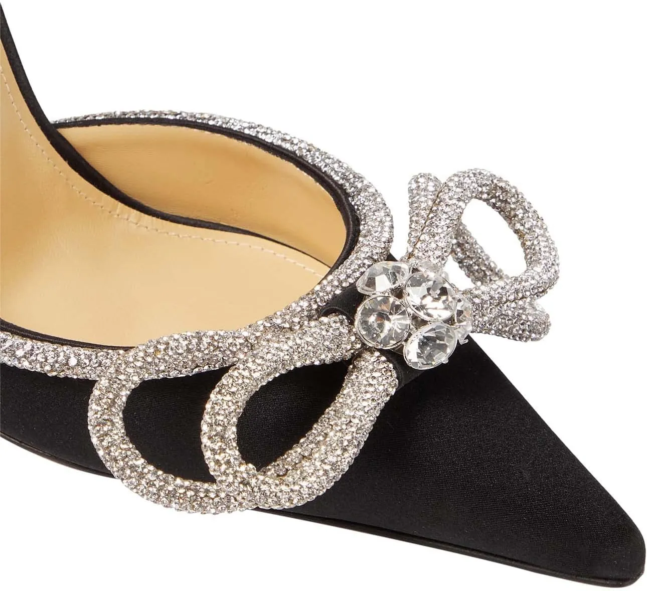 MIRAAZZURRA Rhinestone Bow Heel Sandals Double Bow Crystal Satin Point Toe Stiletto High Heels with Ankle Strap for Bridal Wedding Party