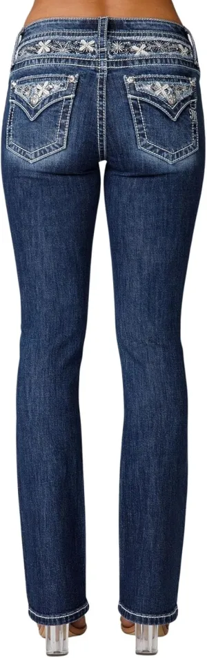 Miss Me Women's Delilah Mid-Rise Slim Bootcut Jeans with Floral Embellished Faux Flap Pockets