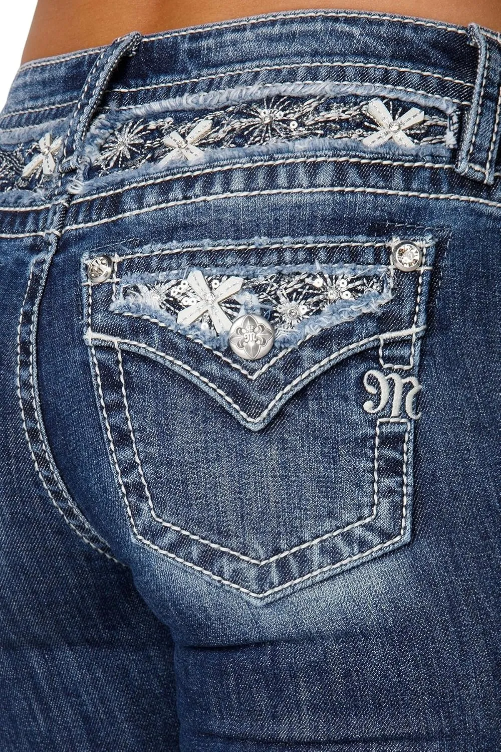 Miss Me Women's Delilah Mid-Rise Slim Bootcut Jeans with Floral Embellished Faux Flap Pockets
