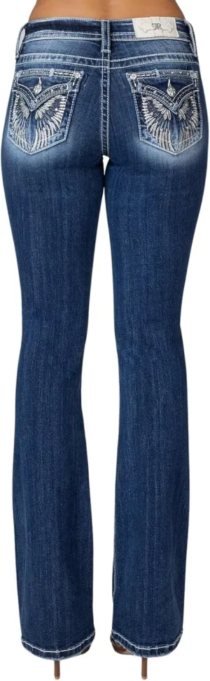Miss Me Women's Mid-Rise 3D Embossed Angel Wings Embellished Faux Flap Pockets Bootcut Jeans
