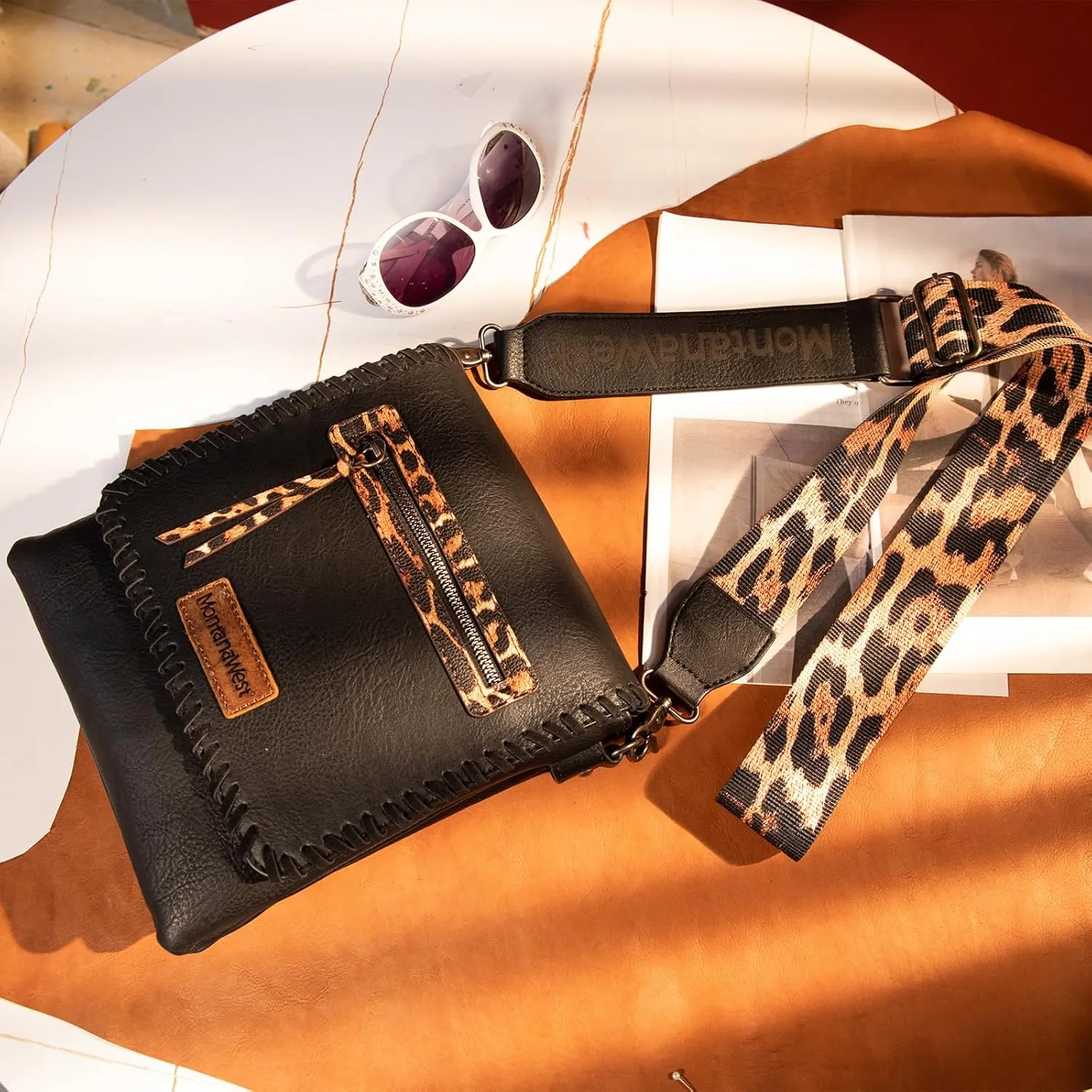 Montana West Crossbody Bags for Women with Dual Compartments Western Cross Body Purse with Leopard Print Guitar Strap