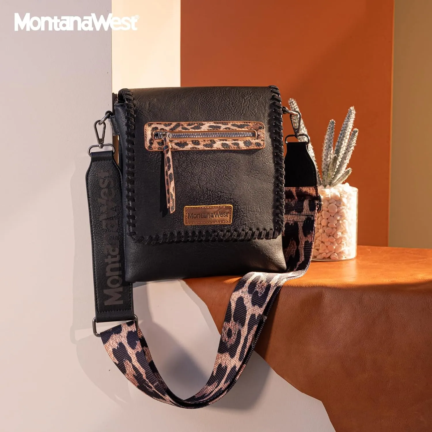 Montana West Crossbody Bags for Women with Dual Compartments Western Cross Body Purse with Leopard Print Guitar Strap