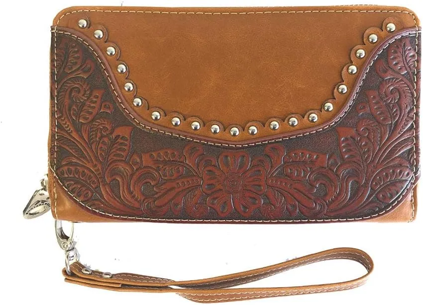 Montana West Ladies Wristlet Wallet 2-in-1 Western Tooled Genuine Leather Zippered Enclosure