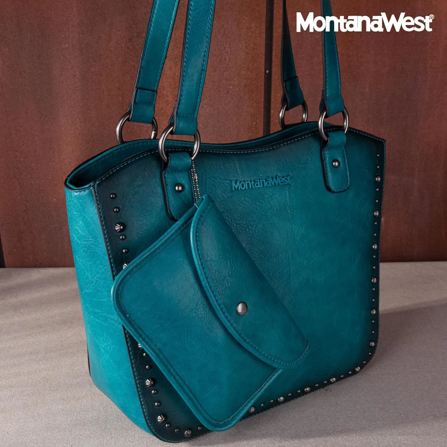 Montana West Western Tooling Tote Bag with Wallet Set for Women Vintage Studded Top Handle Shoulder Handbag