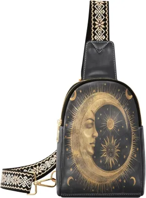 Moon Sun Abstract Mini Crossbody Bag with Full-Print PU Leather Fashion Waist Pack with Adjustable Strap & Card Holder Great for Hiking Fishing Beach Travel & More