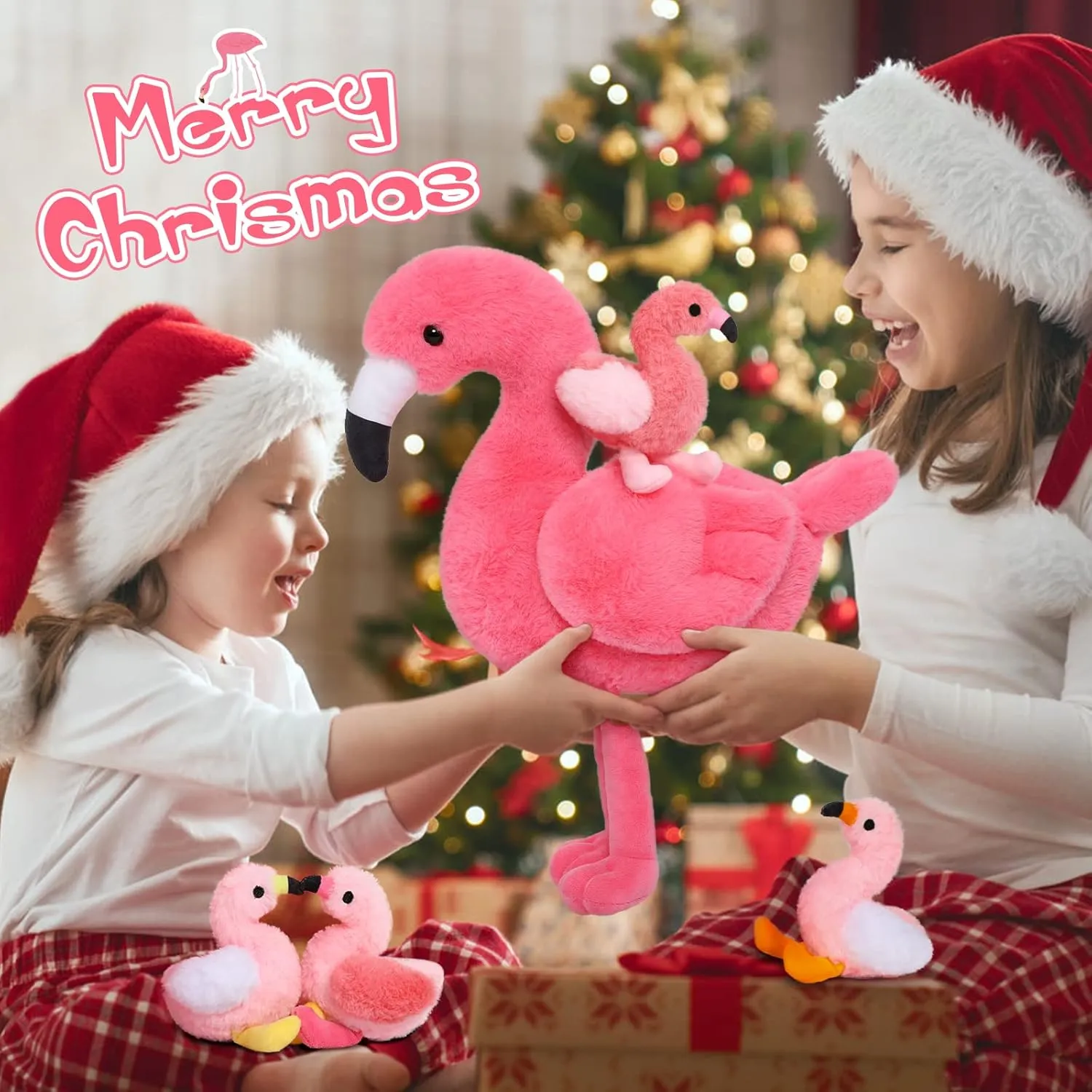MorisMos Plush Flamingo Stuffed Animal-18 Inch Mommy Stuffed Flamingo with 4 Baby Bird Plush Toys Inside Zipper Tummy, Pink Bird Stuffed Animals Gift for Girl Women Decor Birthday Christmas Valentines