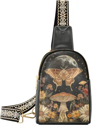 Moth Mushroom Flower Full-Print Leather Fashion Waist Pack Small Crossbody Bag with Card Slots & Adjustable Strap for Biking Shopping Hiking Running & Casual Outings