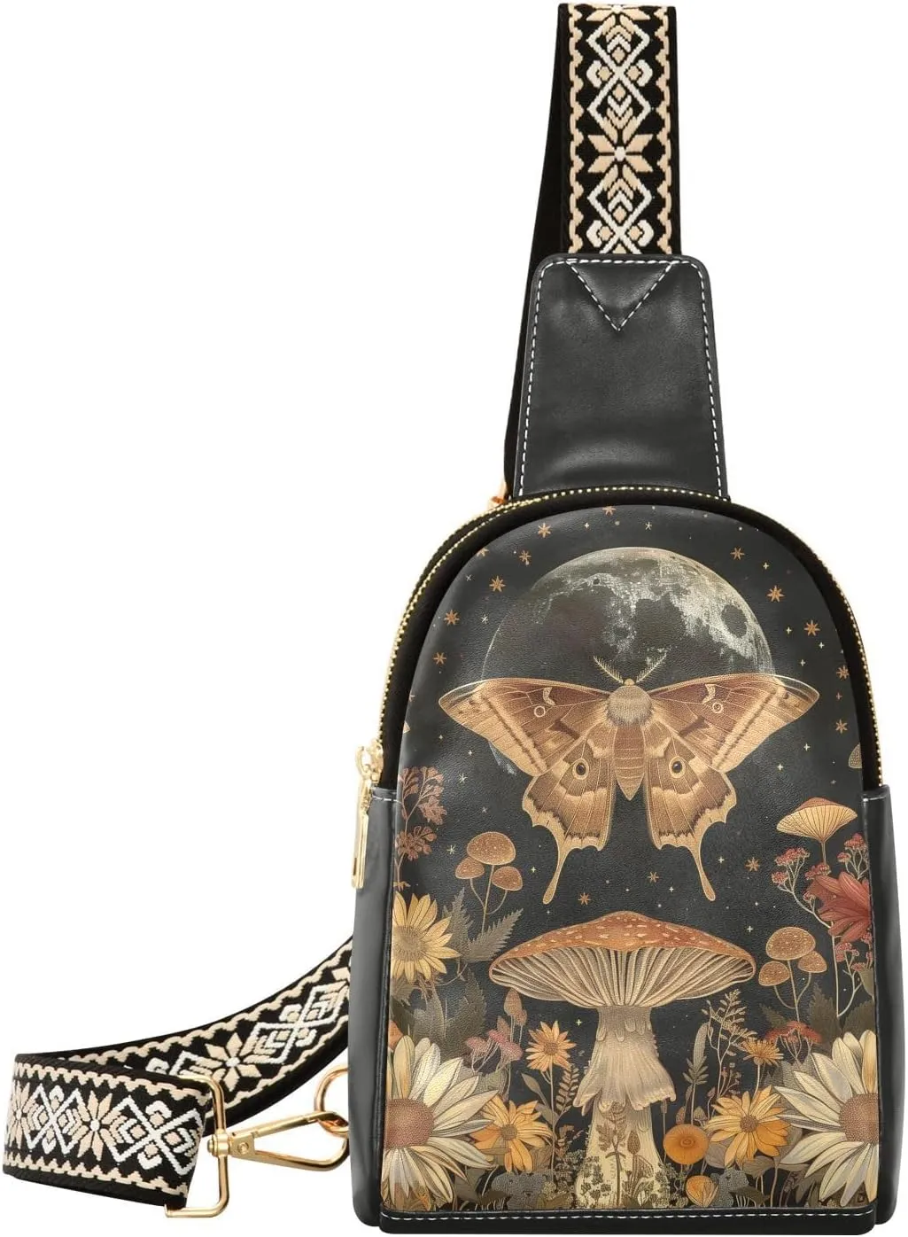 Moth Mushroom Flower Full-Print Leather Fashion Waist Pack Small Crossbody Bag with Card Slots & Adjustable Strap for Biking Shopping Hiking Running & Casual Outings