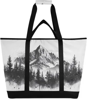 Mountain Ink Style Reusable Insulated Lunchbox Cooler Bag, Leakproof Kitchen Grocery Bag Collapsible Portable Cooler Tote Bag for Picnic, Camping, Office, Travel