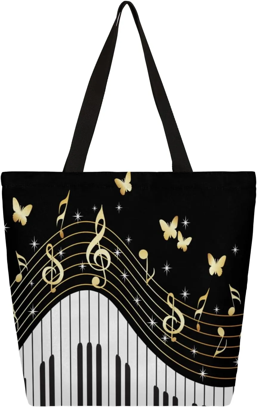 Musical Notes Illustration Large Capacity Canvas Tote Bag Stylish Handheld Shoulder Bag Reusable Shopping Bag for Work Travel Beach Trips Shopping