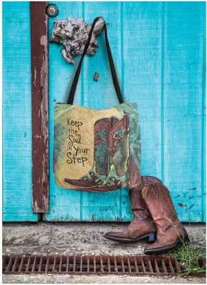 MWW City Soul Keep The Soul In Your Step 17'' Tote Bag - Blue, Brown, Canvas, Zipper, Reusable, Spot Clean Only - Women's Handbag for Casual Users & Daily Commuters
