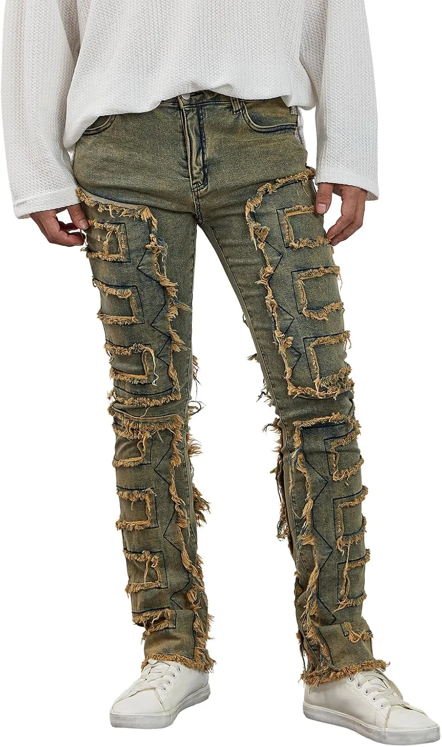 Mxiqqpltky Mens Stacked Jeans Slim Straight Black Ripped Jeans Skinny Distressed Denim Pants Destroyed Denim Jeans Streetwear