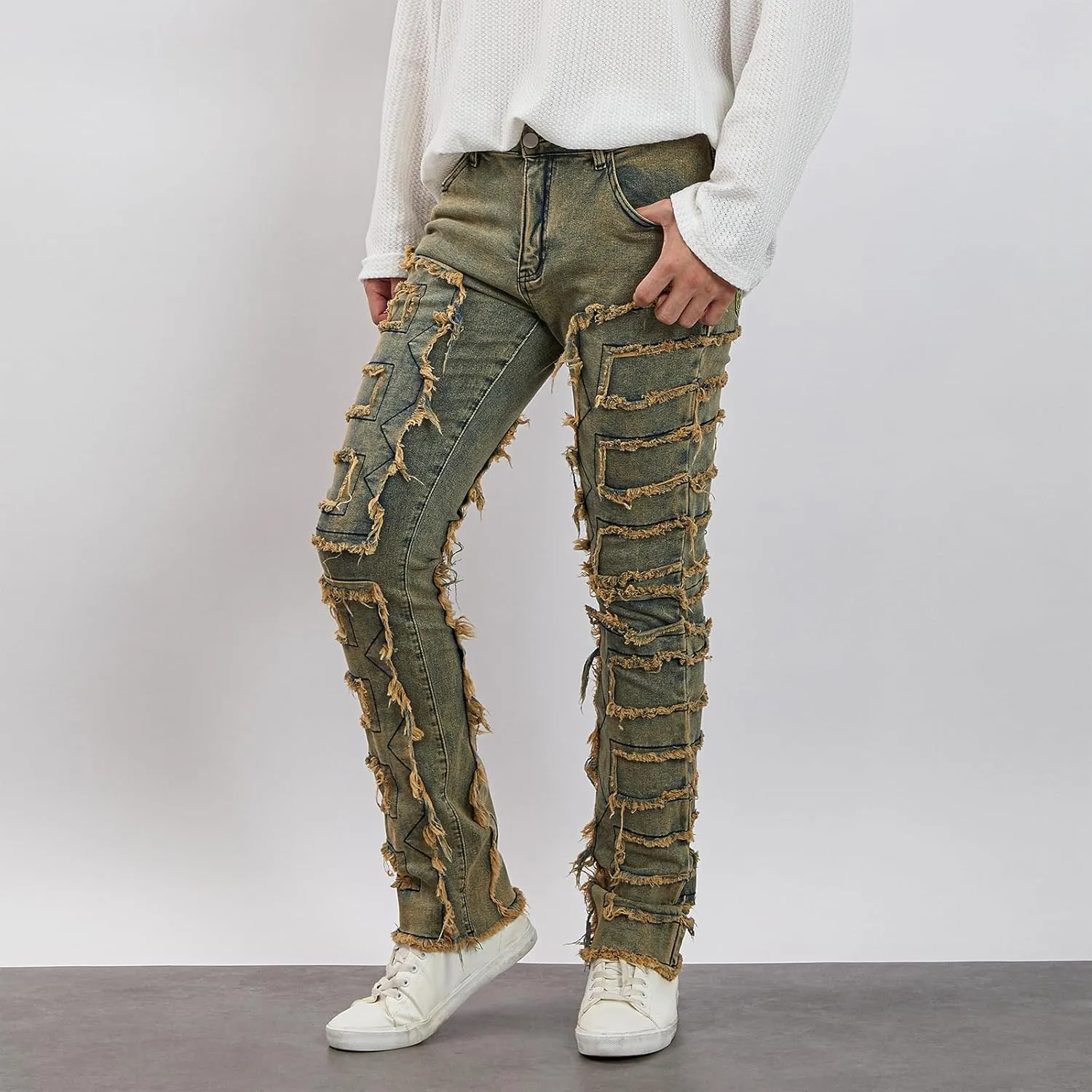 Mxiqqpltky Mens Stacked Jeans Slim Straight Black Ripped Jeans Skinny Distressed Denim Pants Destroyed Denim Jeans Streetwear
