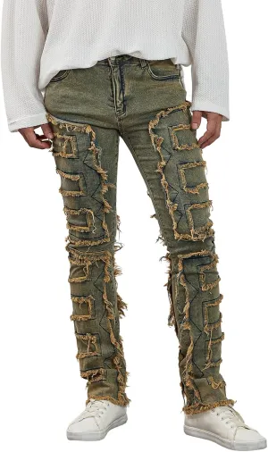 Mxiqqpltky Mens Stacked Jeans Slim Straight Black Ripped Jeans Skinny Distressed Denim Pants Destroyed Denim Jeans Streetwear