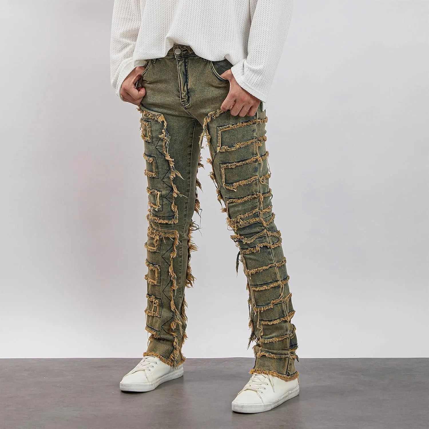 Mxiqqpltky Mens Stacked Jeans Slim Straight Black Ripped Jeans Skinny Distressed Denim Pants Destroyed Denim Jeans Streetwear