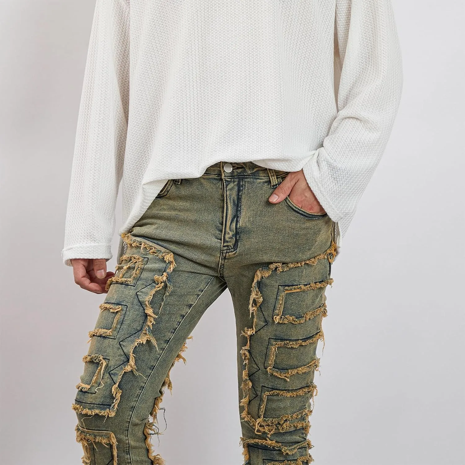 Mxiqqpltky Mens Stacked Jeans Slim Straight Black Ripped Jeans Skinny Distressed Denim Pants Destroyed Denim Jeans Streetwear