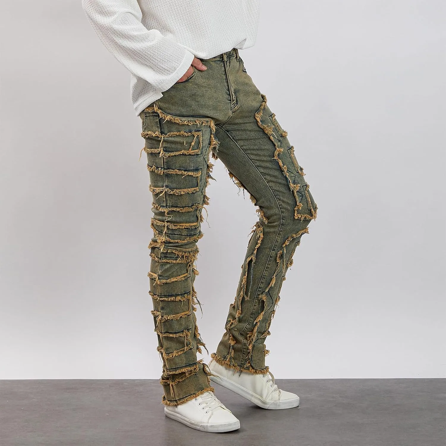 Mxiqqpltky Mens Stacked Jeans Slim Straight Black Ripped Jeans Skinny Distressed Denim Pants Destroyed Denim Jeans Streetwear