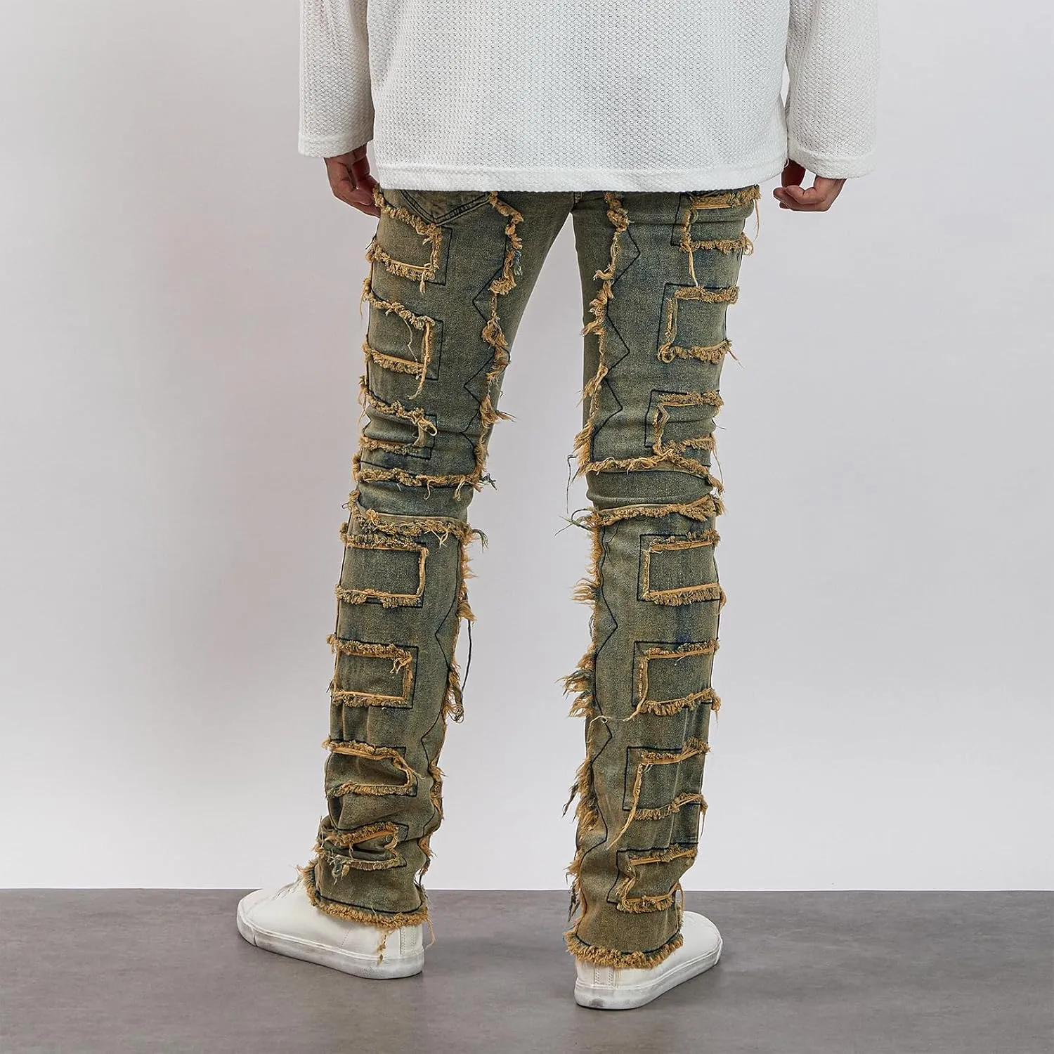 Mxiqqpltky Mens Stacked Jeans Slim Straight Black Ripped Jeans Skinny Distressed Denim Pants Destroyed Denim Jeans Streetwear