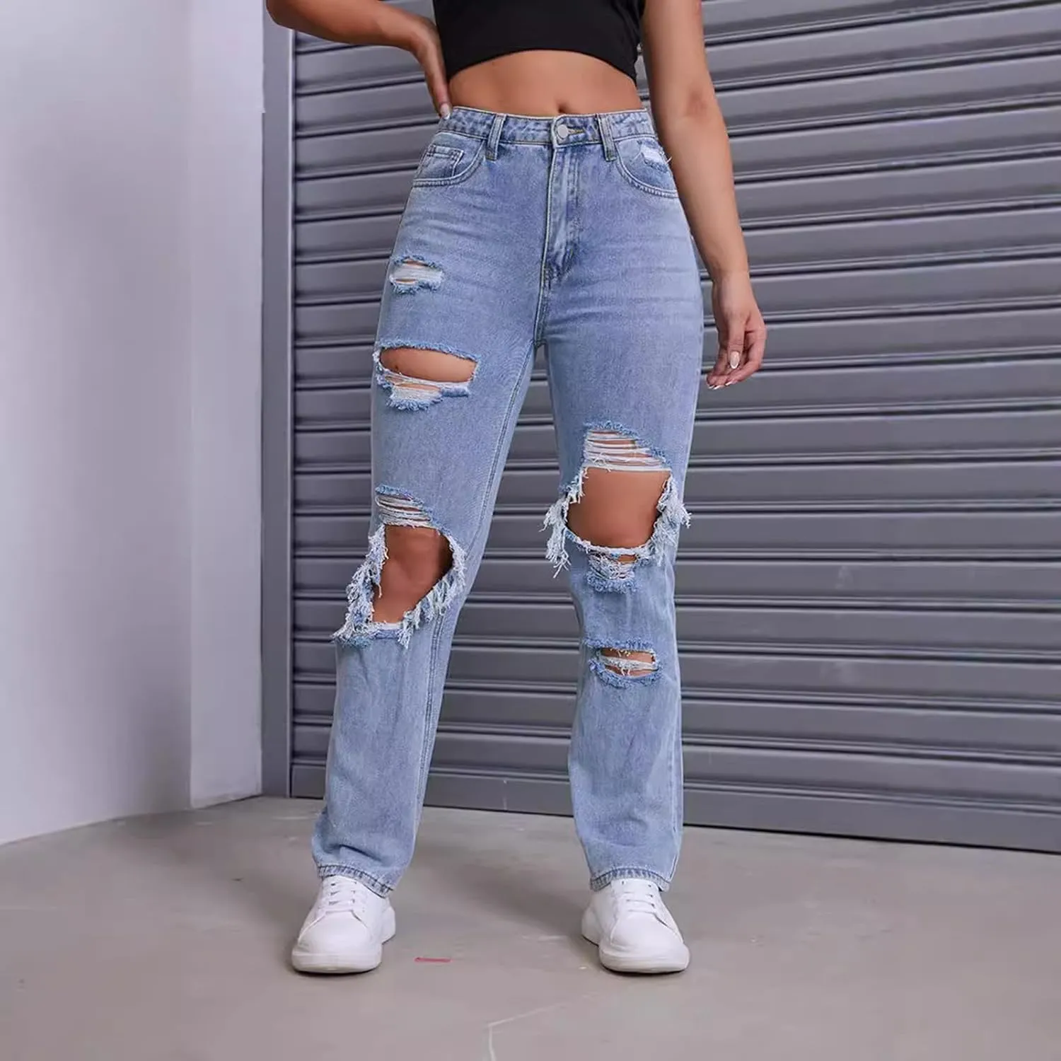 Mxiqqpltky Women Ripped Boyfriend Jeans High Waist Baggy Plus Size Aesthetics Wide Leg Denim Pants Distressed Y2K Streetwear