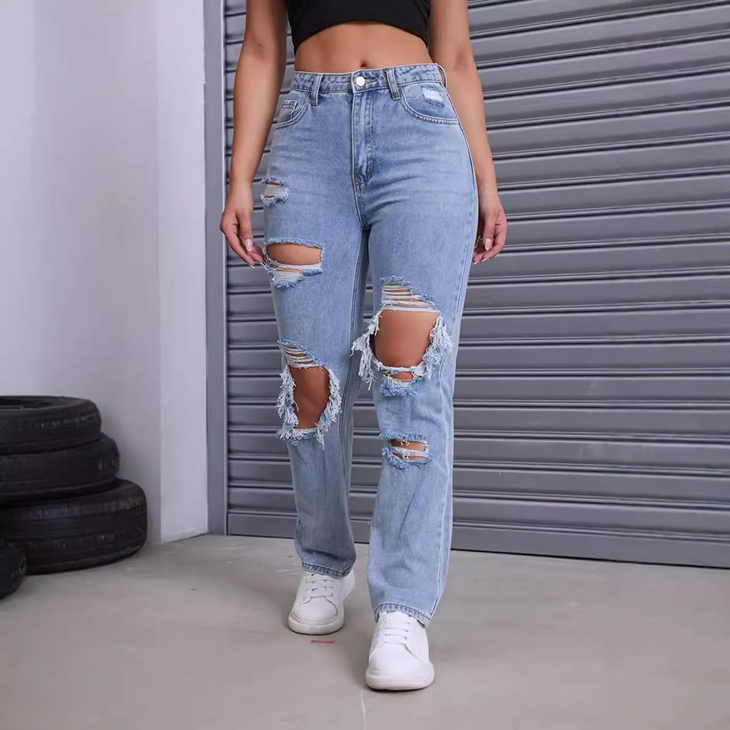 Mxiqqpltky Women Ripped Boyfriend Jeans High Waist Baggy Plus Size Aesthetics Wide Leg Denim Pants Distressed Y2K Streetwear