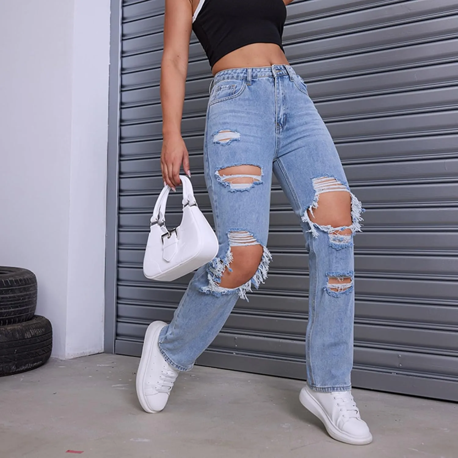 Mxiqqpltky Women Ripped Boyfriend Jeans High Waist Baggy Plus Size Aesthetics Wide Leg Denim Pants Distressed Y2K Streetwear