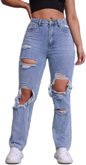 Mxiqqpltky Women Ripped Boyfriend Jeans High Waist Baggy Plus Size Aesthetics Wide Leg Denim Pants Distressed Y2K Streetwear