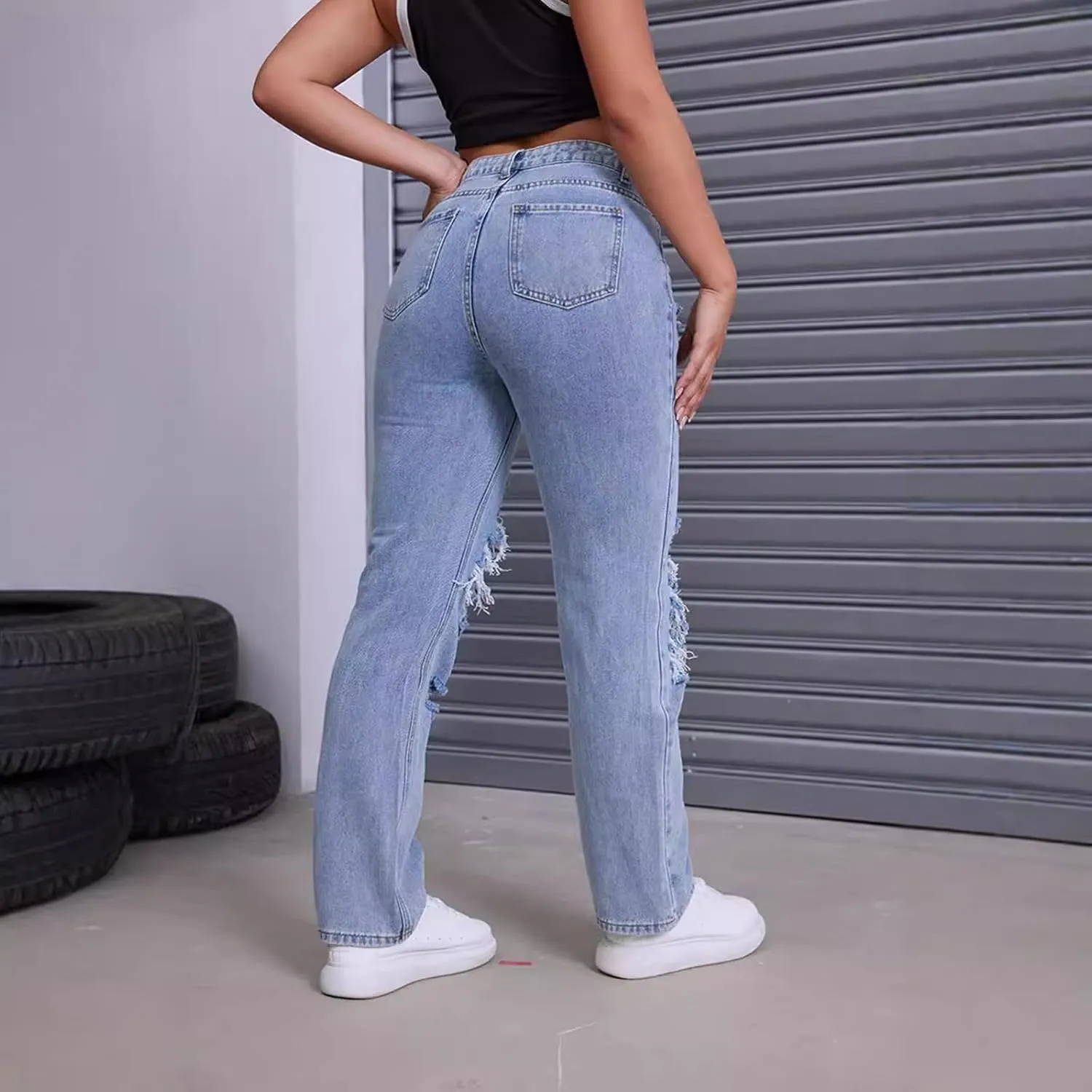 Mxiqqpltky Women Ripped Boyfriend Jeans High Waist Baggy Plus Size Aesthetics Wide Leg Denim Pants Distressed Y2K Streetwear