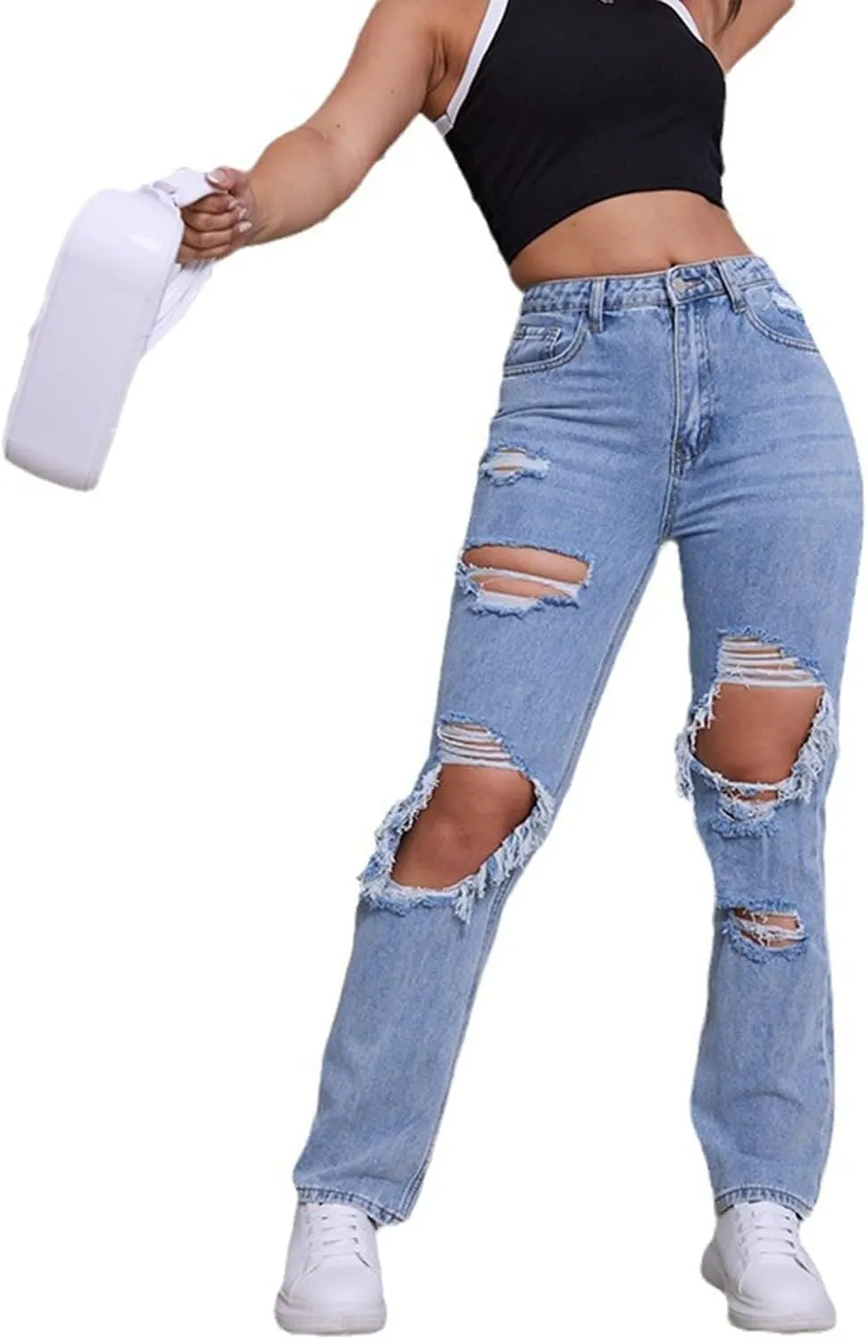 Mxiqqpltky Women Ripped Boyfriend Jeans High Waist Baggy Plus Size Aesthetics Wide Leg Denim Pants Distressed Y2K Streetwear