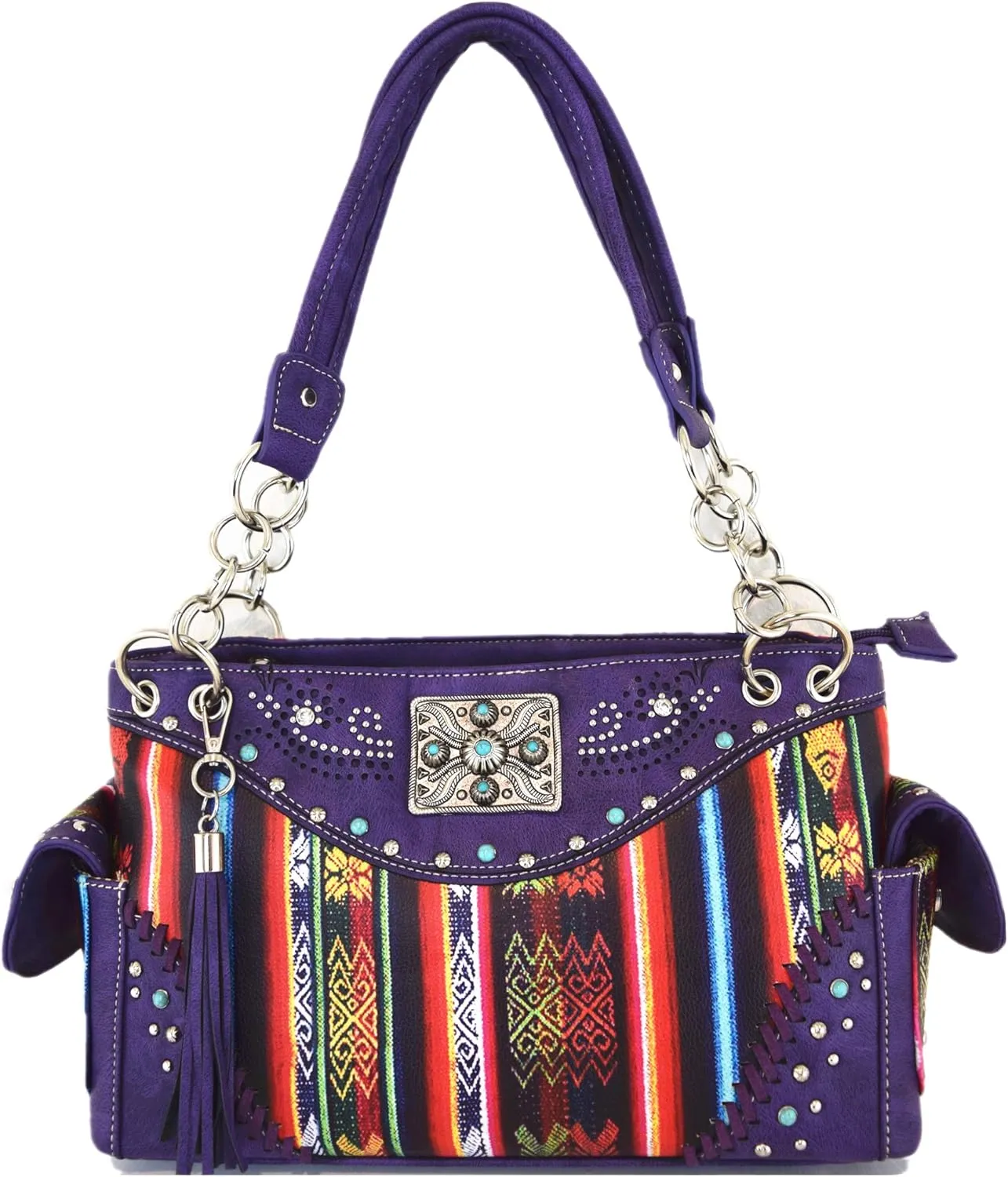 Native Conchos Studded Purse Western Style Rhinestone Country Leather Tassel Handbag Women Shoulder Bag Wallet Set