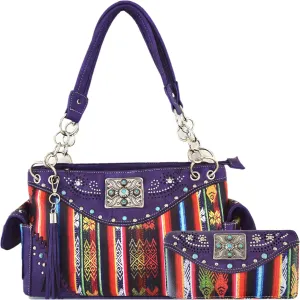 Native Conchos Studded Purse Western Style Rhinestone Country Leather Tassel Handbag Women Shoulder Bag Wallet Set