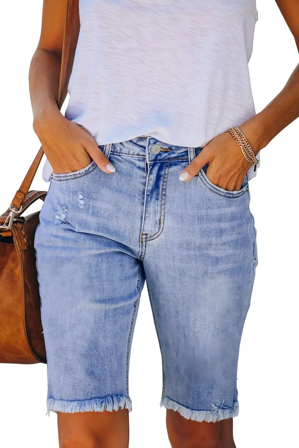 Necooer Women Jean Shorts Ripped Casual Summer Mid Waist Stretchy Five Points Denim Jean Shorts