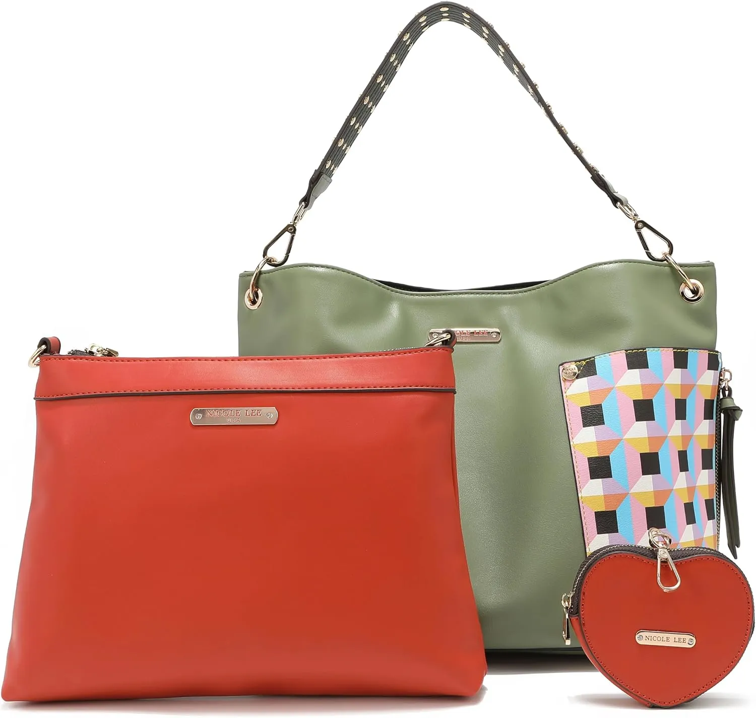 NICOLE LEE Quihn 3 Piece Set, Shoulder Handbag, Zip Pouch Crossbody, Detachable Heart Coin Purse