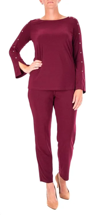 NINA LEONARD scoop neck embellished shoulder long sleeve with elastic waist pant DEEP WINE GOLD/M, Medium