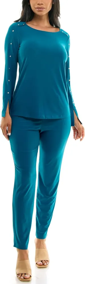 Nina Leonard Scoop Neck Embellished Shoulder Long Sleeve with Elastic Waist Pant Teal/S