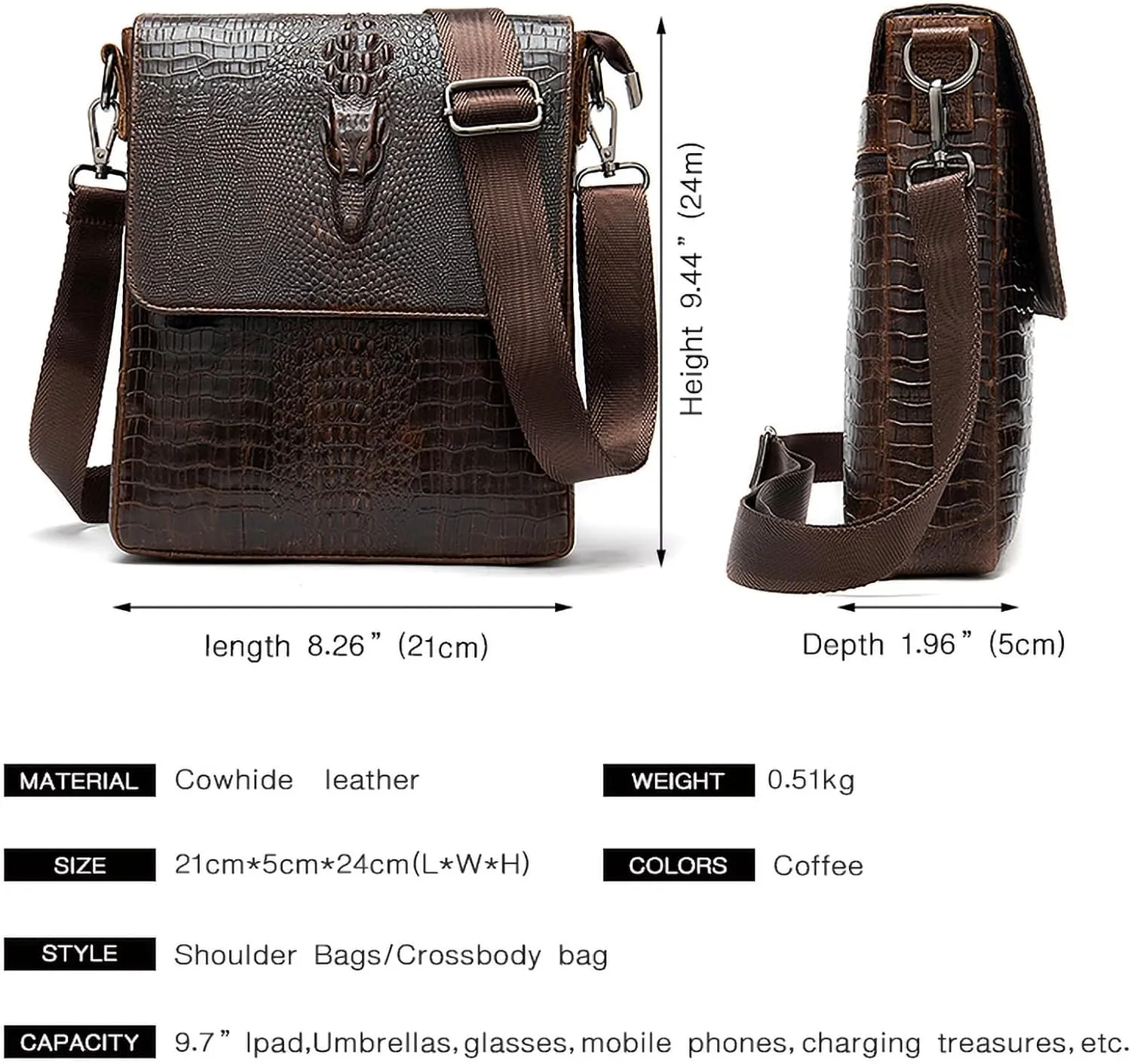 NIUCUNZH Leather Flap Messenger Bag for Men Small Crossbody Shoulder Bag,Novelty Crocodile Embossed