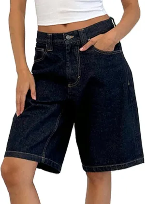 NUFIWI Women Baggy Denim Bermuda Shorts Y2k Vintage Straight Leg Denim Shorts Casual Knee Length Jean Jorts with Pockets