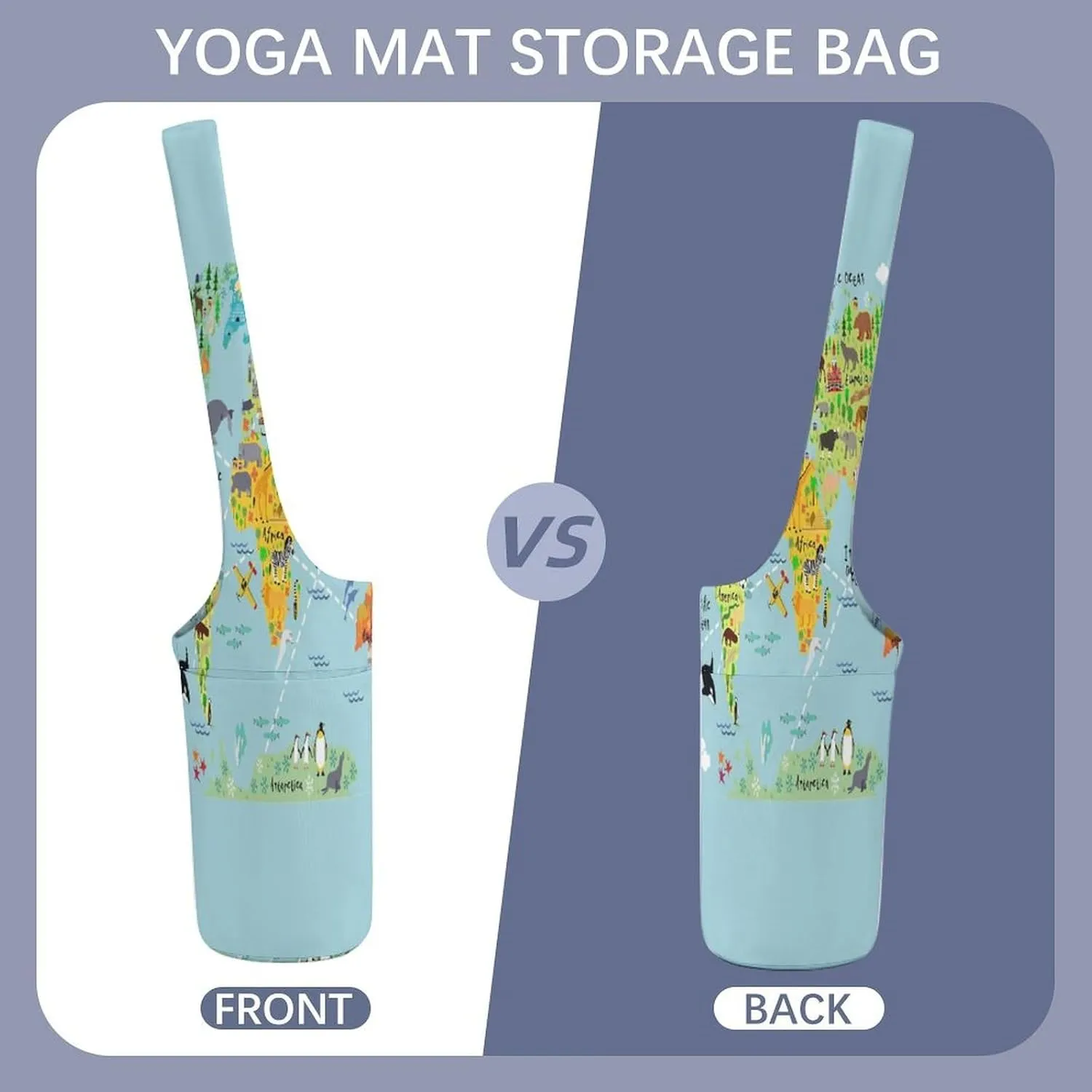 Nugier Yoga Mat Bag, Soft Canvas Storage Bag Fashion Mat Bag Pocket Shoulder Strap Clothes Dorm Organizer Print Cartoon World Map Animals