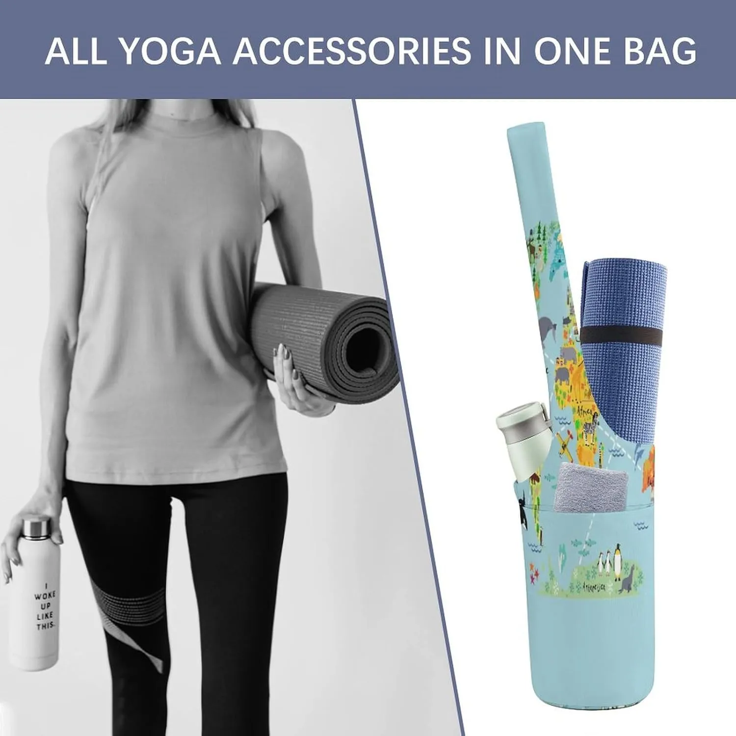 Nugier Yoga Mat Bag, Soft Canvas Storage Bag Fashion Mat Bag Pocket Shoulder Strap Clothes Dorm Organizer Print Cartoon World Map Animals
