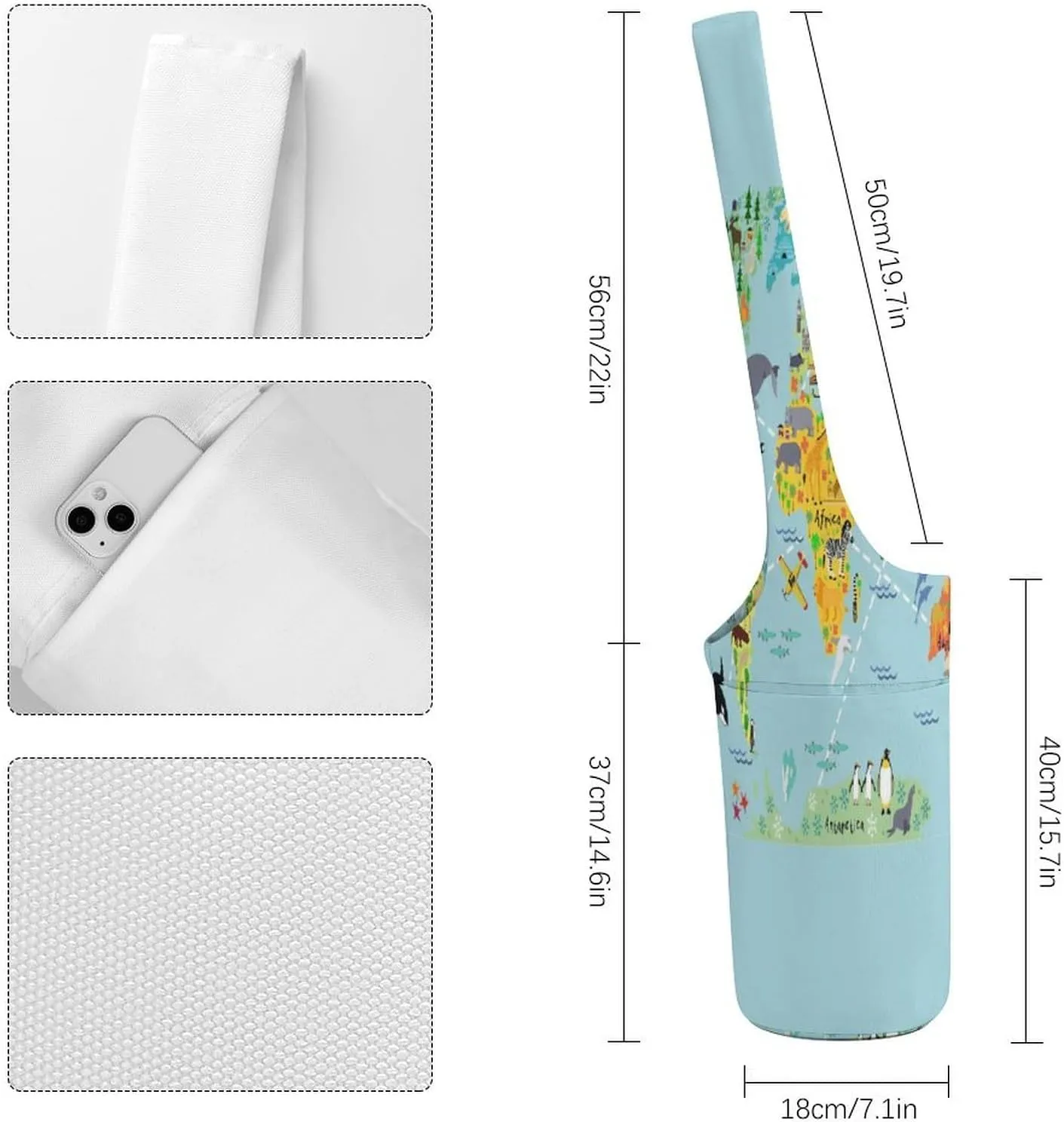 Nugier Yoga Mat Bag, Soft Canvas Storage Bag Fashion Mat Bag Pocket Shoulder Strap Clothes Dorm Organizer Print Cartoon World Map Animals