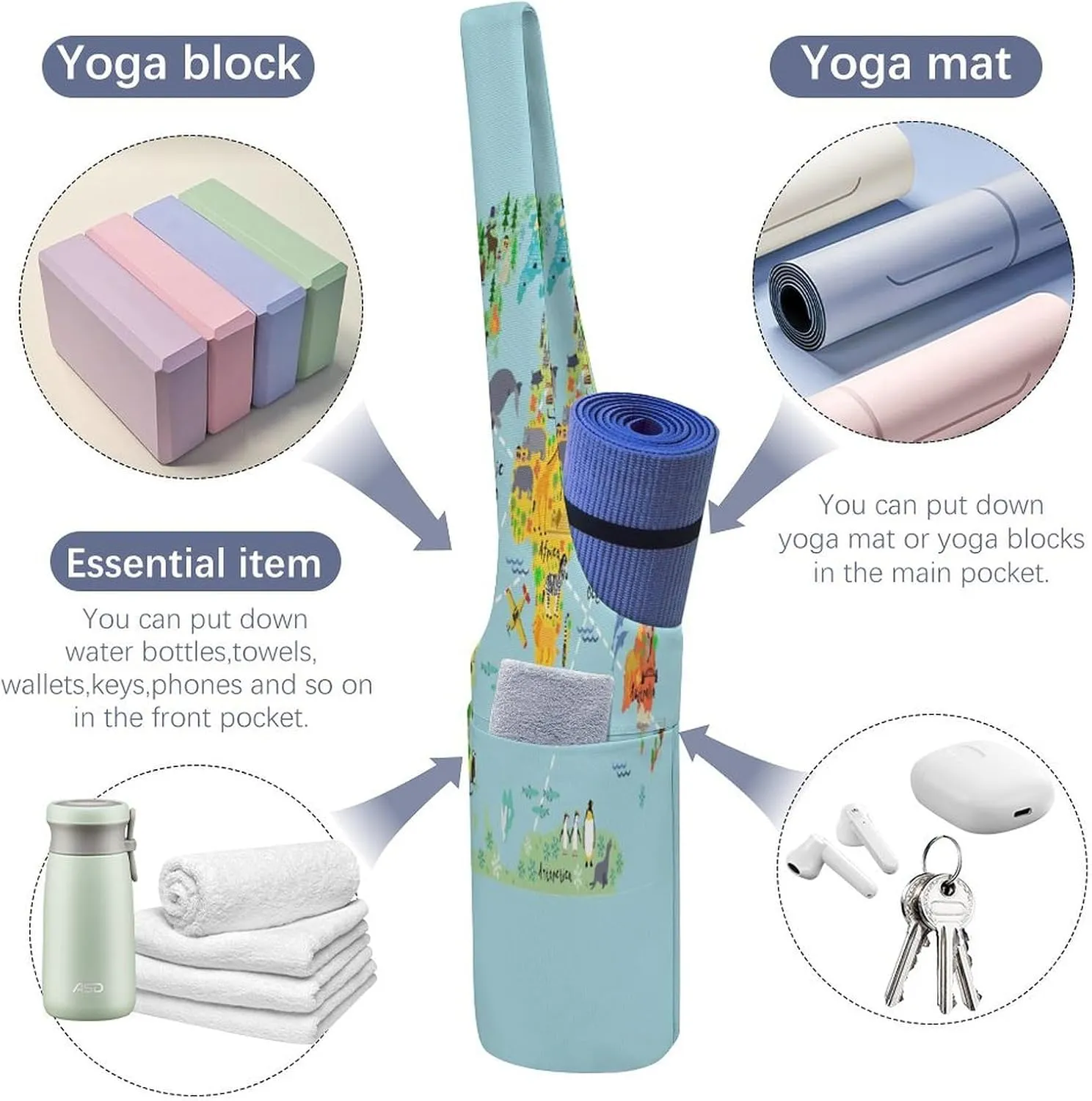 Nugier Yoga Mat Bag, Soft Canvas Storage Bag Fashion Mat Bag Pocket Shoulder Strap Clothes Dorm Organizer Print Cartoon World Map Animals
