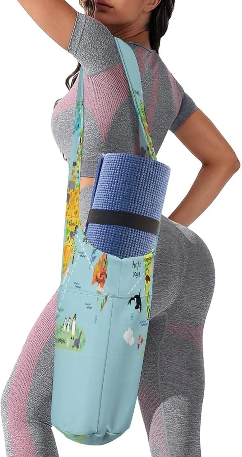 Nugier Yoga Mat Bag, Soft Canvas Storage Bag Fashion Mat Bag Pocket Shoulder Strap Clothes Dorm Organizer Print Cartoon World Map Animals