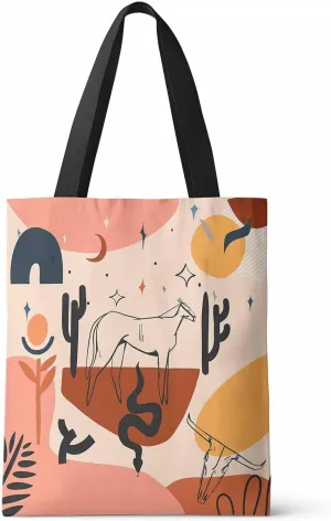 Ocean Party Bohemian Style Canvas Tote Bag Vintage Tropical Plants Desert Cactus Western Cowboy Shoulder Bag Casual Bag with Inner Pocket for Shopping Grocery Work