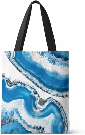 Ocean Party Crystal Canvas Tote Bag Blue Crystal Agate Texture Clear Hierarchy Shoulder Bag Casual Bag with Inner Pocket for Shopping Grocery Work