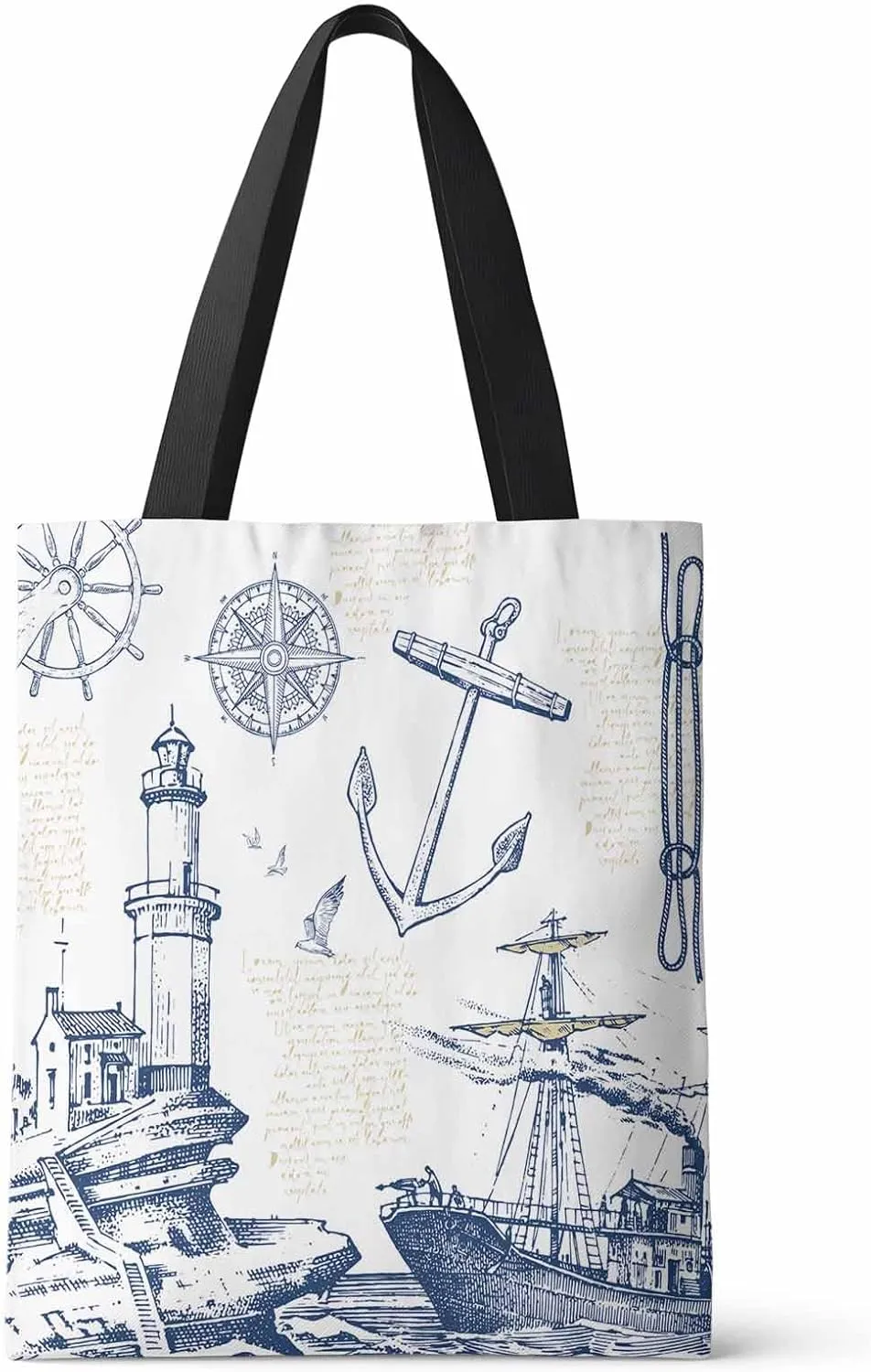 Ocean Party Navigation Anchor Canvas Tote Bag Adventure Ship Lighthouse Retro Illustration Shoulder Bag Casual Bag with Inner Pocket for Shopping Grocery Work