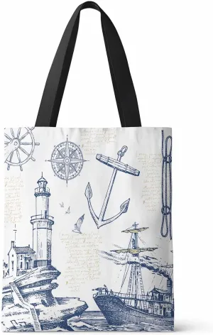Ocean Party Navigation Anchor Canvas Tote Bag Adventure Ship Lighthouse Retro Illustration Shoulder Bag Casual Bag with Inner Pocket for Shopping Grocery Work