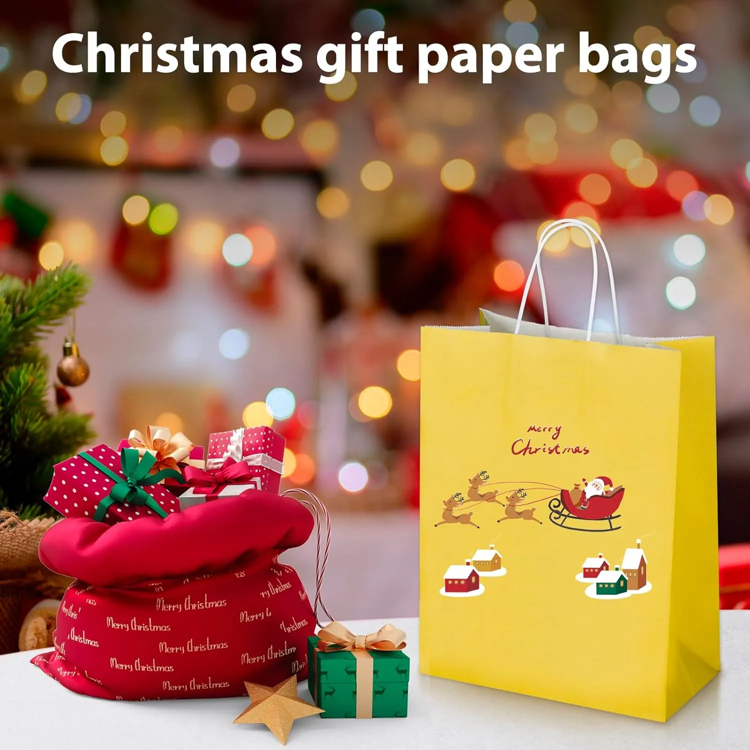 Oikss 50 Pack 10x5x13 Yellow Kraft Paper Bags with Handles Bulk for Birthday Party Favors Grocery Retail Shopping Business Goody Recycled Craft Gift Bags (Large Size, 50 Count)